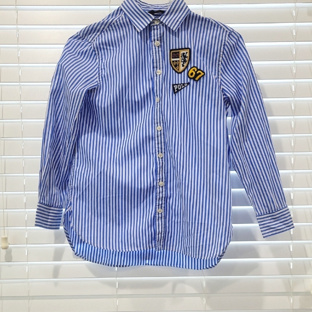 Polo Ralph Lauren Blue Button Down Shirt with Stripes and Embroidered Patch